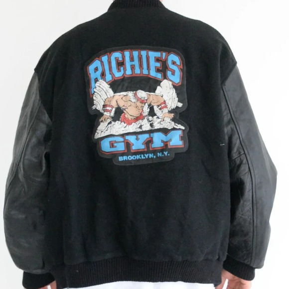 Vintage 90'S Mv Sport Black Richie's Gym Brooklyn 100% Leather And Wool Bomber - Picture 1 of 13